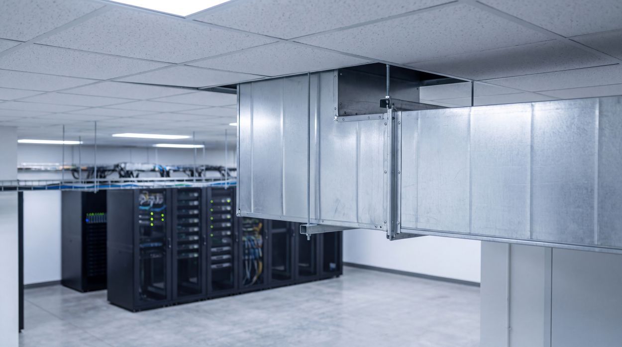 Wide angle view of a clean and modern data center room with empty server racks and industrial air ducts.